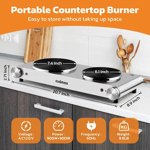 Elexnux Portable 1800-Watt 2-Burner 7.4 in. Silver Electric Hot