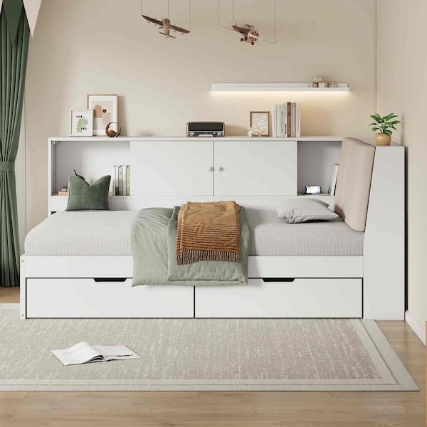 Polibi White Twin Size Daybed with Storage Bookcase and Upholstered Headboard and USB Charging Ports