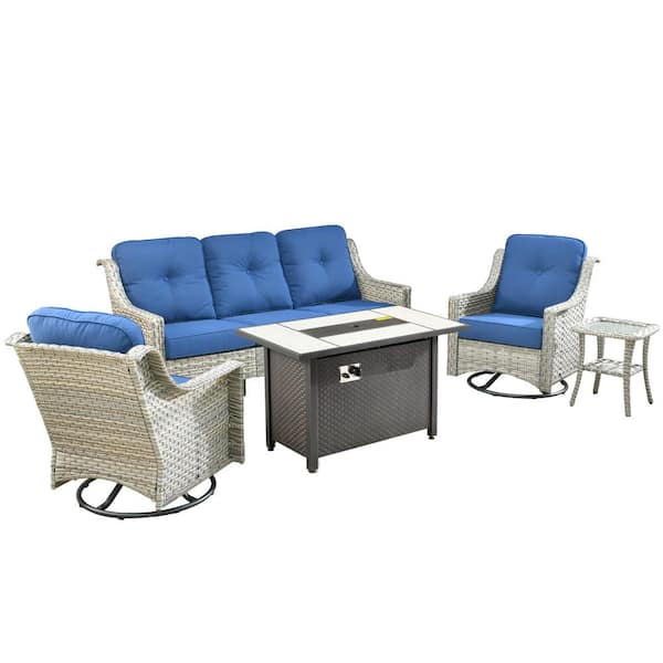 Verona 5-Piece Wicker Outdoor Patio Conversation Sofa Seating Furniture Set with a Fire Pit and Navy Blue Cushions