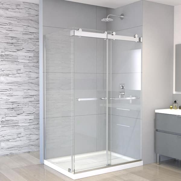 Madou 36 in. L x 48 in. W x 75 in. H Corner Shower Kit Sliding Frameless Shower Door and Center Drain Shower Pan
