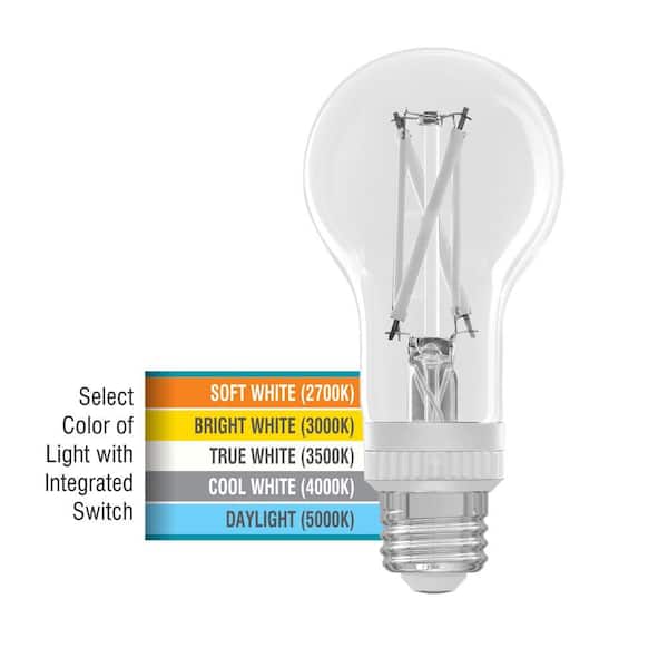 60-Watt Equivalent A19 Dimmable White Filament CEC Clear Glass E26 Medium Base LED Light Bulb Selectable White (1-Pack)