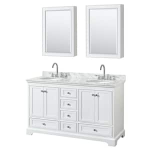 Deborah 60 in. Double Vanity in White with Marble Vanity Top in White Carrara with White Basins and Medicine Cabinets