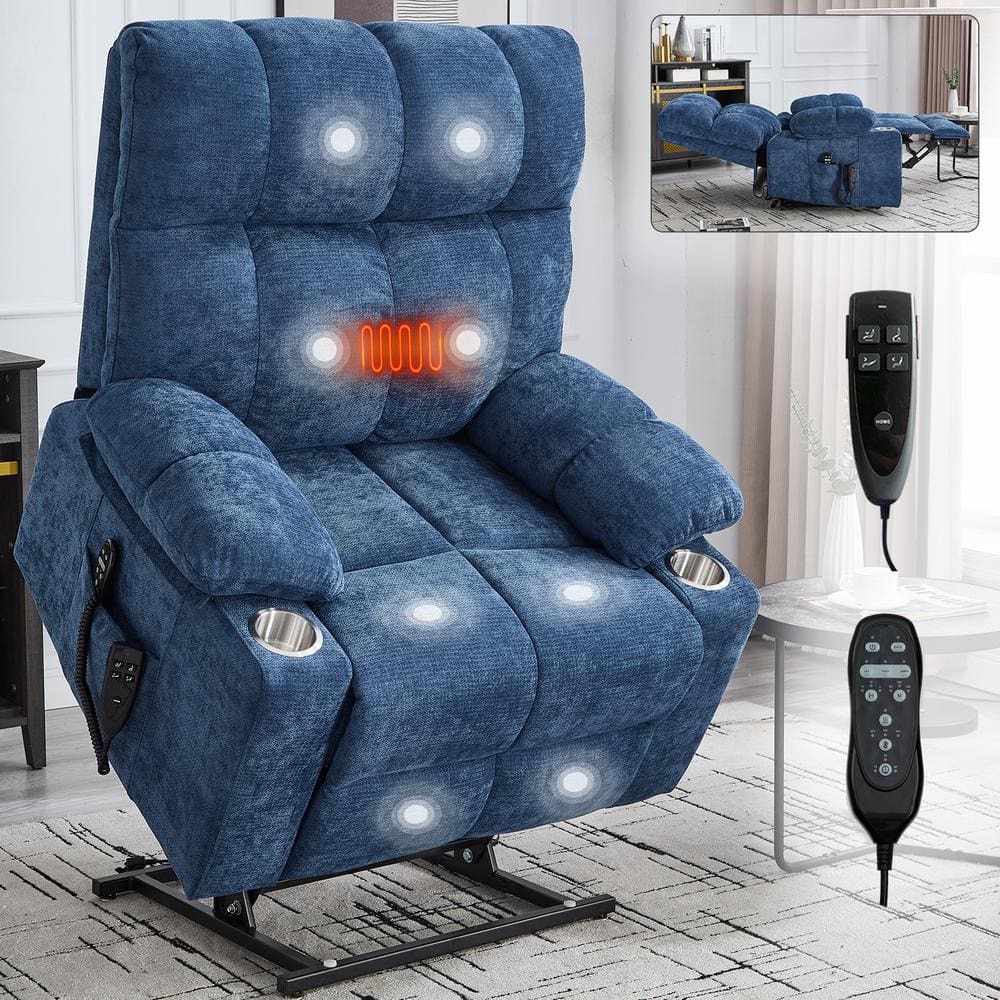 Blue Premium Dual Motor Chenille Power Lift Recliner with Massage and Heat,