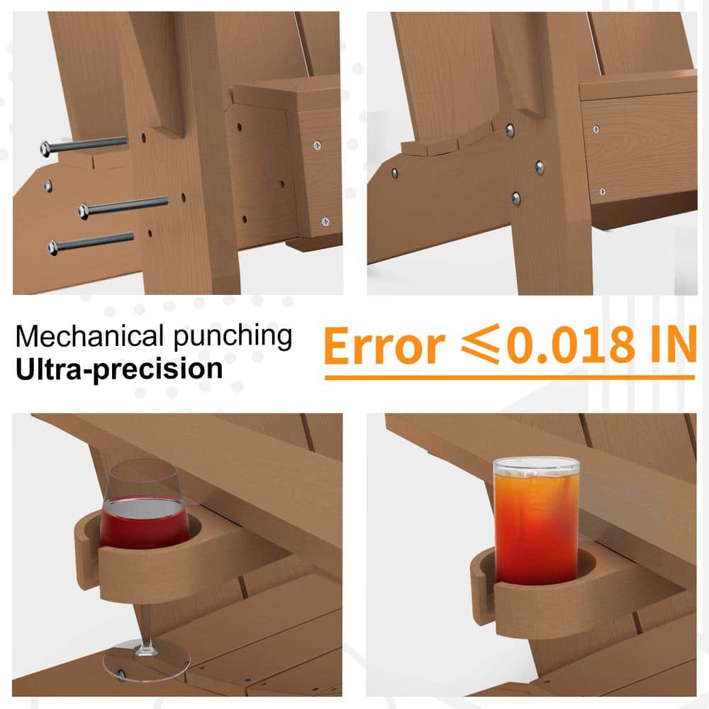 Teak Brown Plastic Adirondack Chairs with Cup Holder, Set of 4