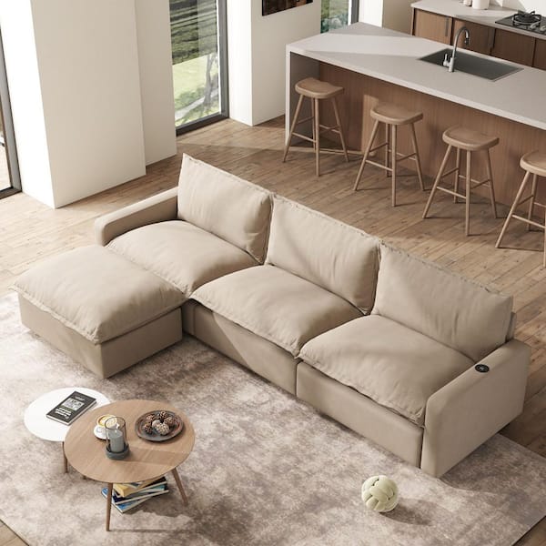 116 in. Square Arm 4-piece Linen Modular Free Combination sofa Sectional Sofa with Ottoman in Brown