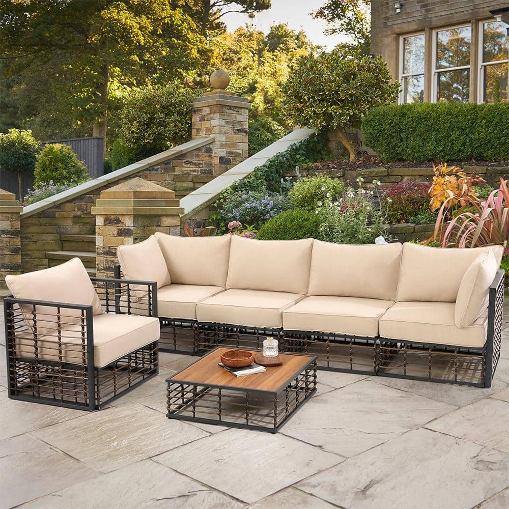 6-Piece Wicker All-Weather Outdoor Patio Conversation Set, Sectional Seatin