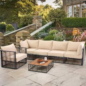 6-Piece Wicker All-Weather Outdoor Patio Conversation Set, Sectional Seating Sofa with Beige Cushions and Coffee Table