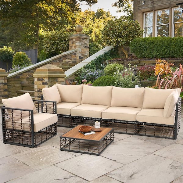 BTMWAY 6-Piece Wicker All-Weather Outdoor Patio Conversation Set, Sectional Seating Sofa with Beige Cushions and Coffee Table