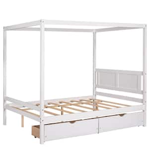 White Full Size Canopy Platform Bed with 2-Drawers, Slat Support Leg