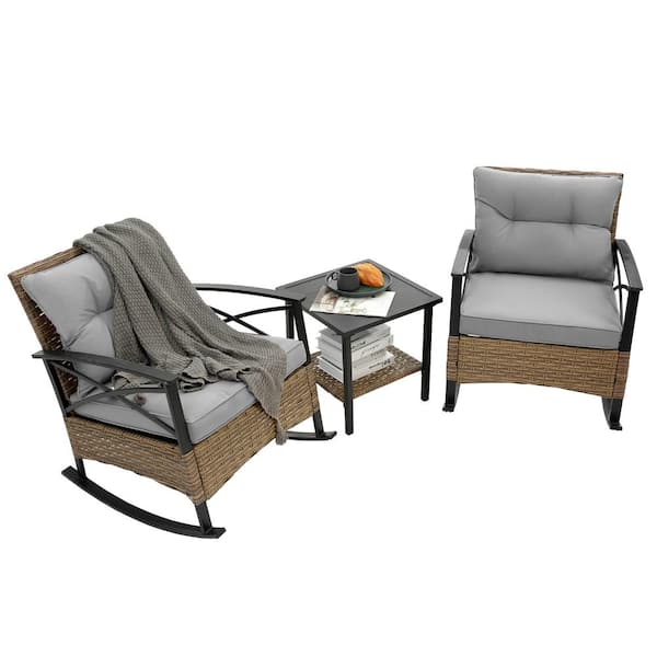 Sudzendf 3-Piece Rocking Rattan Set Metal Patio Outdoor Rocking Chair Conversation Set with Gray Cushions