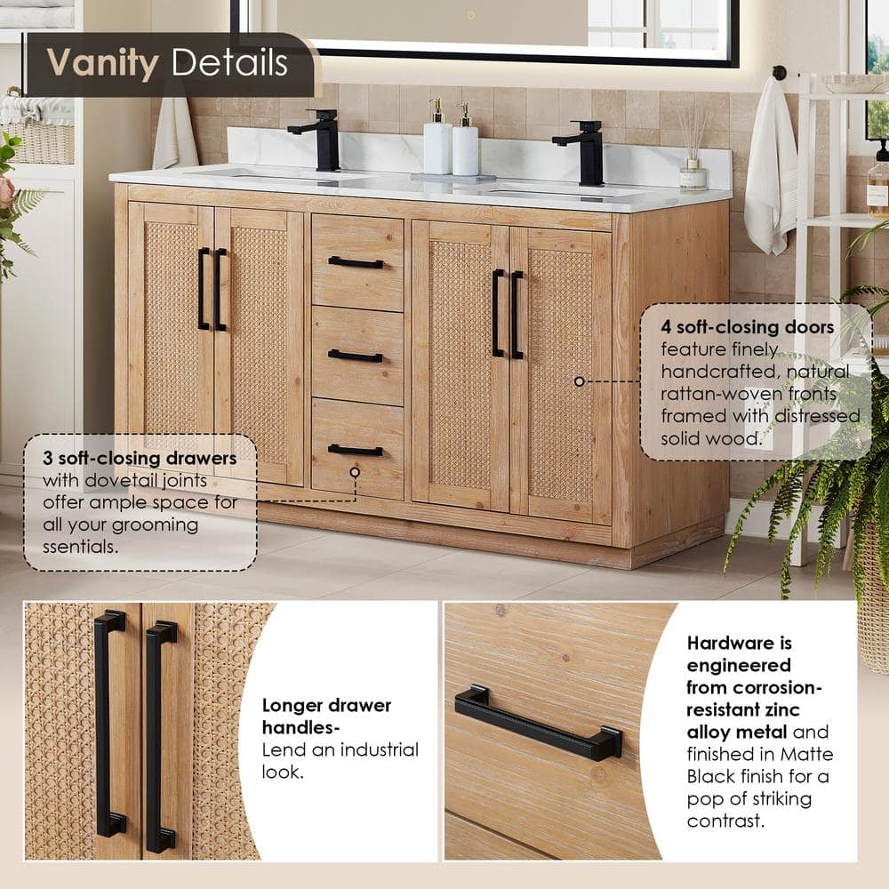 Floral 60" Light Brown Fir Wood Double Vanity with Calacatta Quartz Top