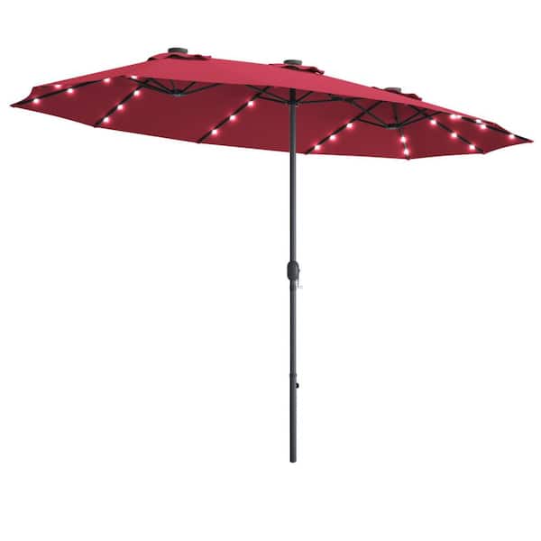 CASAINC 15 ft. Market LED Crank Solar Powered 36-Lights Patio Umbrella in Burgundy without Weight Base