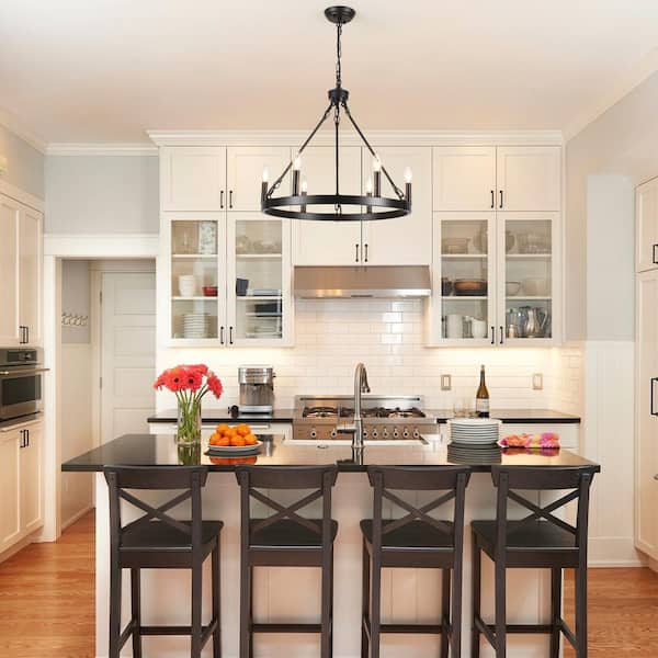 6-Light Black Rustic Wagon Wheel Chandelier for Kitchen Island with no Bulbs Included