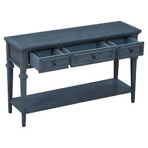 50 in. Navy Rectangle Wood Console Table with Three Top Drawers and Open Style Bottom Shelf, Easy Assembly Navy