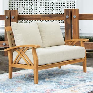 Carmel Teak Wood Outdoor Loveseat with Tan Cushion