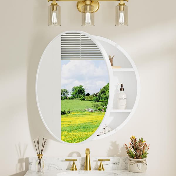 30 in. W x 30 in. H Round White Metal Framed Surface Mount Medicine Cabinet with Mirror