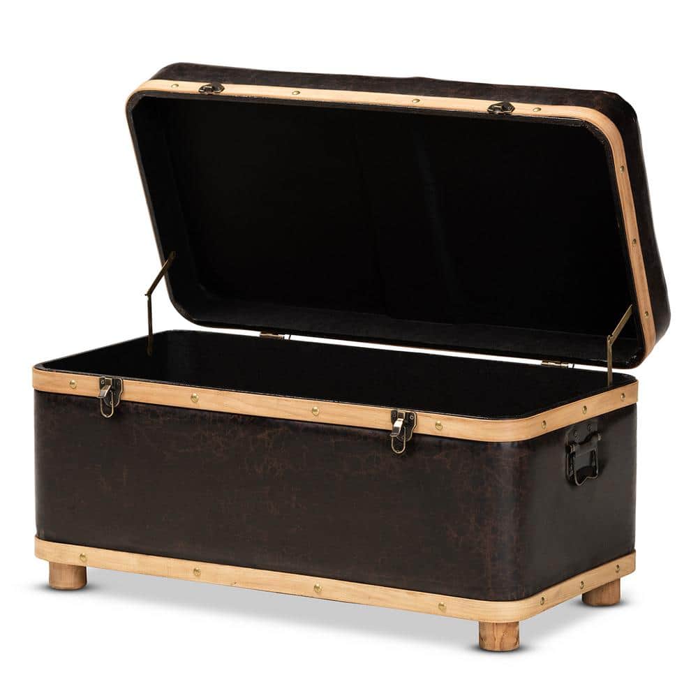 Dark Brown Faux Leather Tufted Storage Footstool with Oak Wood Bands