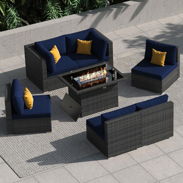 Unbranded High Back Gray 7-Piece Wicker Patio Conversation Sectional Deep Seating Set with Fire Pit Table and Navy Blue Cushions