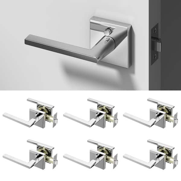 Quadra Metal Chrome Privacy Bed/Bath Flat Door Handle with Push Button and Square Rosette 6-Pack