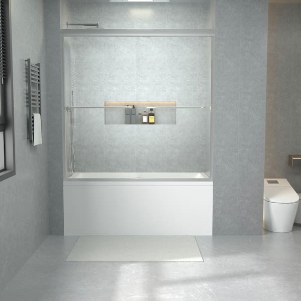 60 in. W x 60 in. H Sliding Semi Frameless Tub Door in Brushed Nickel with 1/4 in. (6 mm) Clear Glass