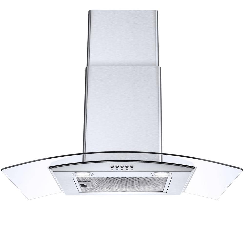 30 in. 450 CFM Wall Mount Ducted in Silver Tempered Glass Range Hood with LED Lights