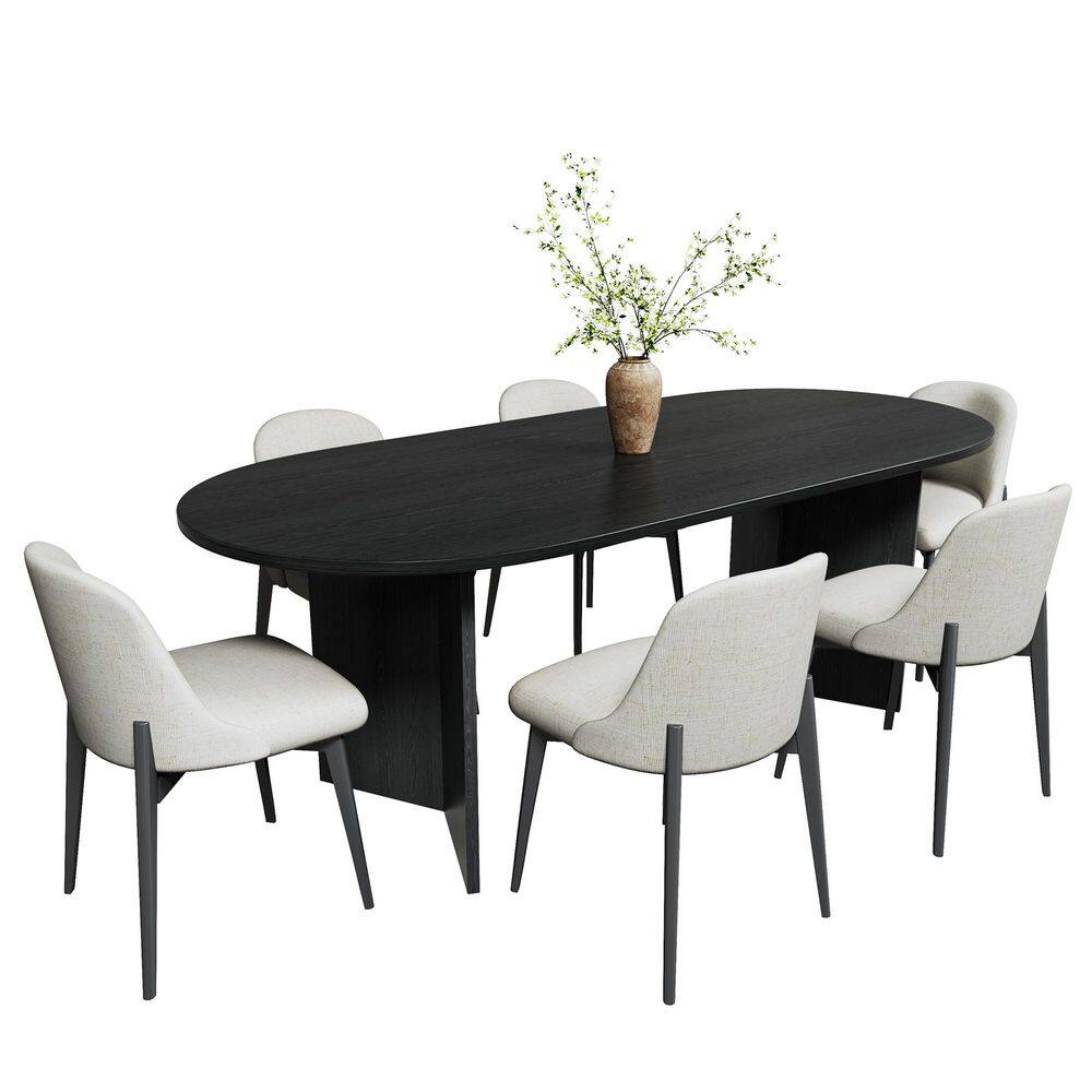 7-Pieces Black Oval Wood Top Dining Table Set 6 Seats with Wood Frame, Upholstered Black Ergonomic Dining Chair price history on PriceWatchPro