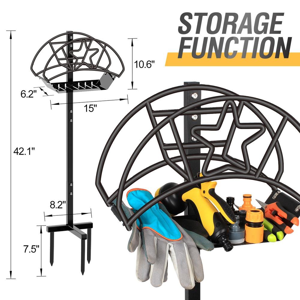 Black Powder-Coated Steel Freestanding Garden Hose Holder with Star Design