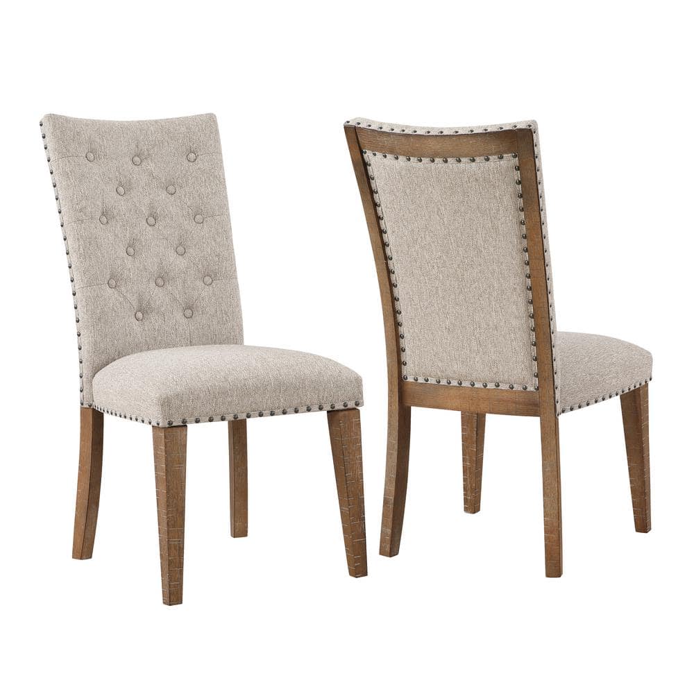 Oatmeal Upholstered Button Tufted Side Chair with Wood Legs