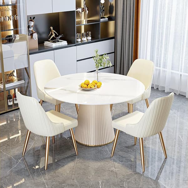 59.05 in. White Circular Rotable Sintered Stone Tabletop White Pedestal Base Kitchen Dining Table (Seats-8)