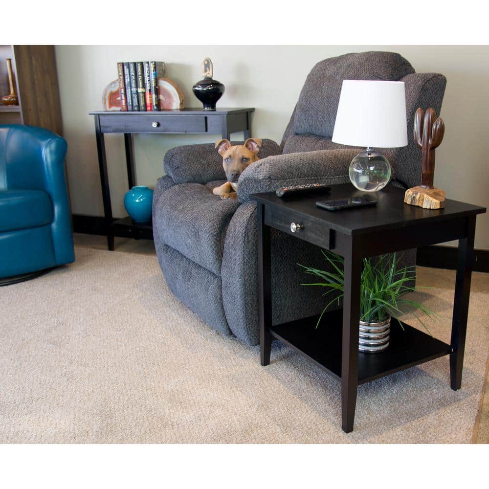 Black Solid Acacia Wood End Table with Drawer and Shelf