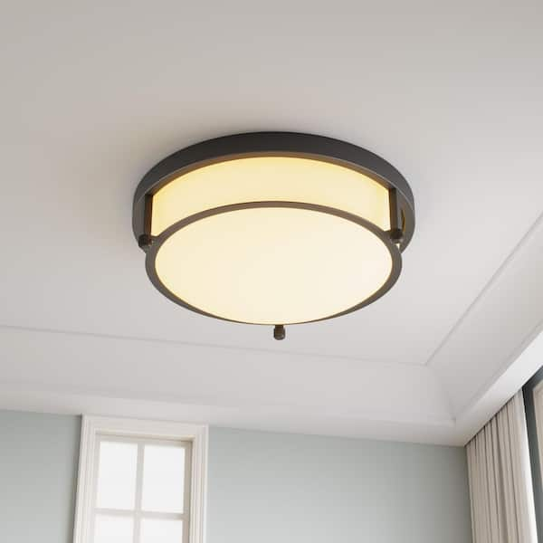 13 in. 2-Light Industrial Black Flush Mount Farmhouse Close to Ceiling Light Fixture with White Glass Shade