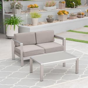 Alvira Silver 2-Piece Aluminum Patio Conversation Set with Khaki Cushions