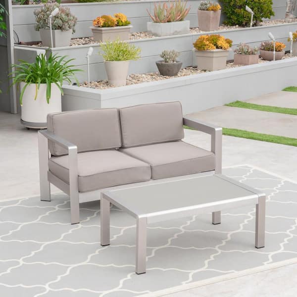 Noble House Alvira Silver 2-Piece Aluminum Patio Conversation Set with Khaki Cushions