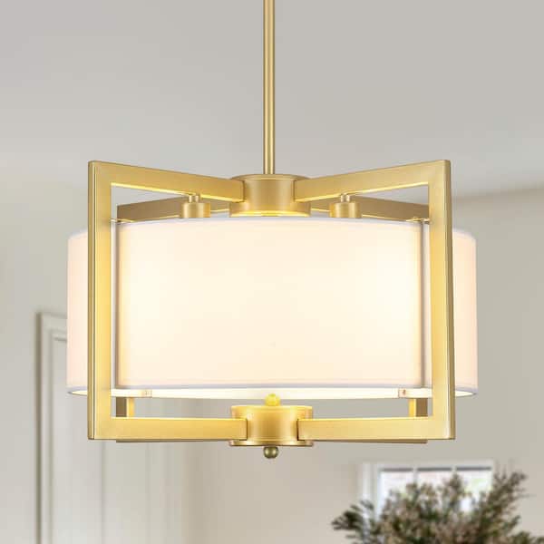 4-Light Painted Gold Chandelier Pendant Light with White Drum Shade