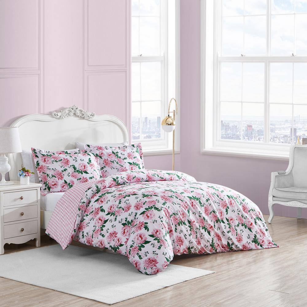 Twin Pink Cotton Floral Duvet Cover Set with Sham