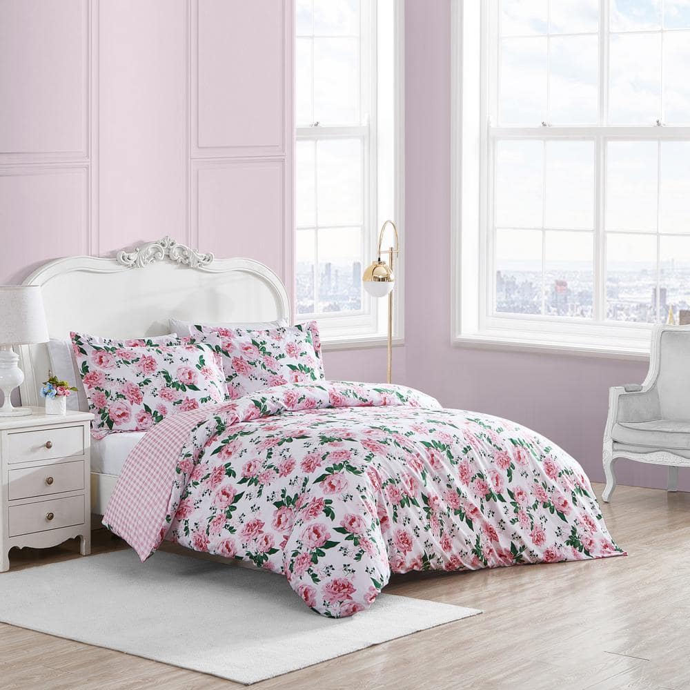 Blooming Roses Pink Floral Full/Queen Duvet Cover Set