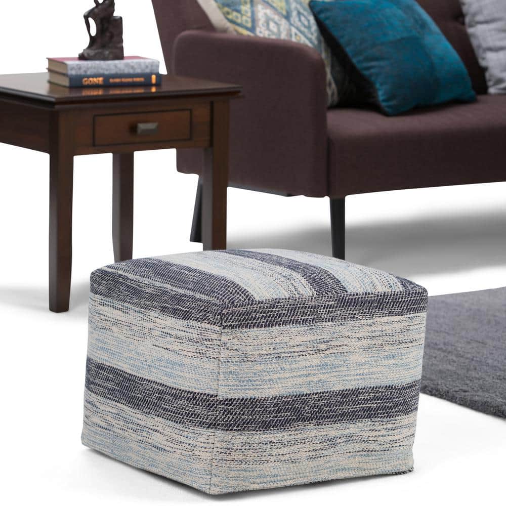 Patterned Blue Melange Cotton Square Pouf
