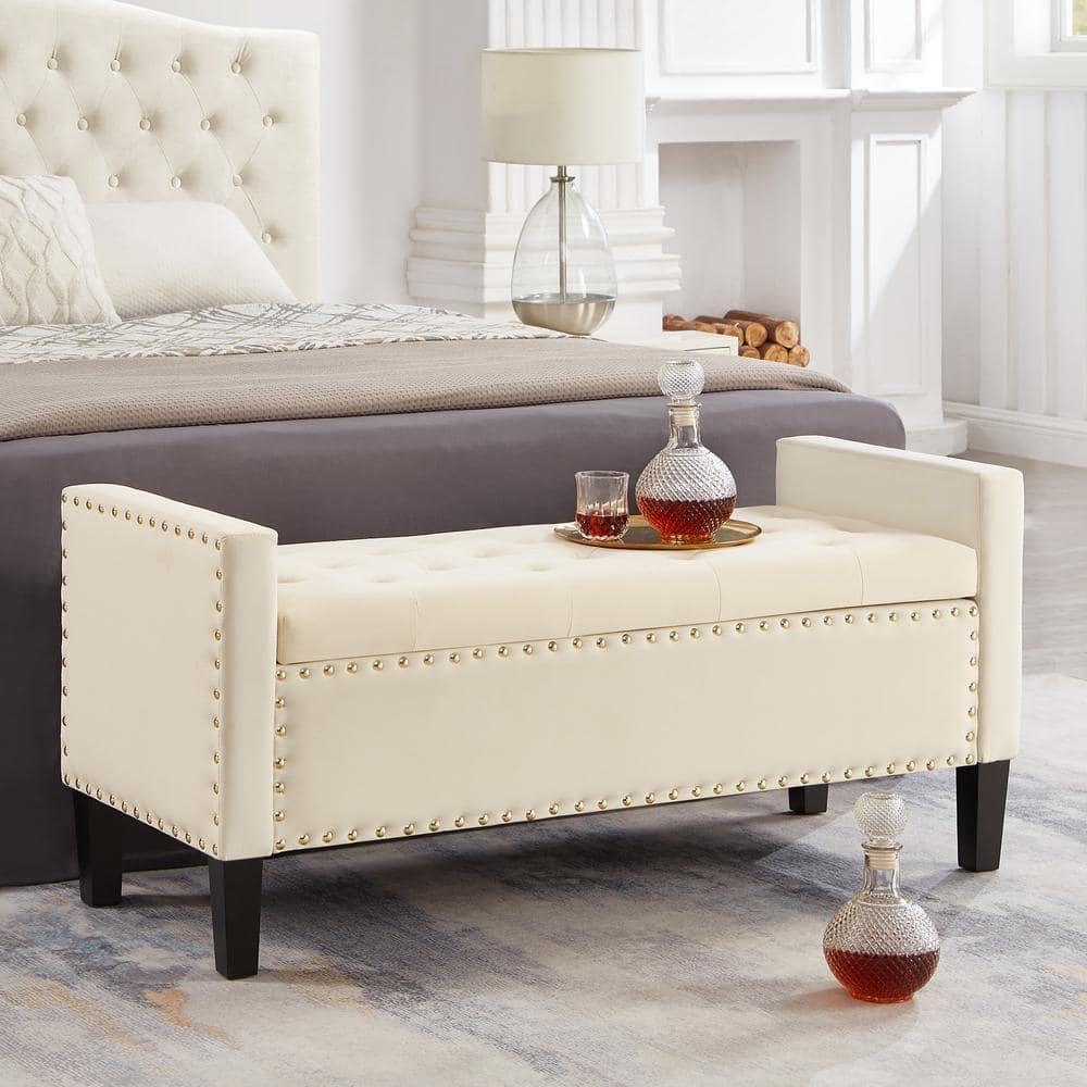 Cream 48 in. Bedroom Bench Upholstered Tufted Button Storage Bench Entryway