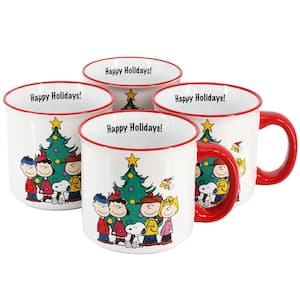 Charlie Brown and Friends 4-Piece 21oz Stoneware Happy Holidays Mug Set in Red and Multi