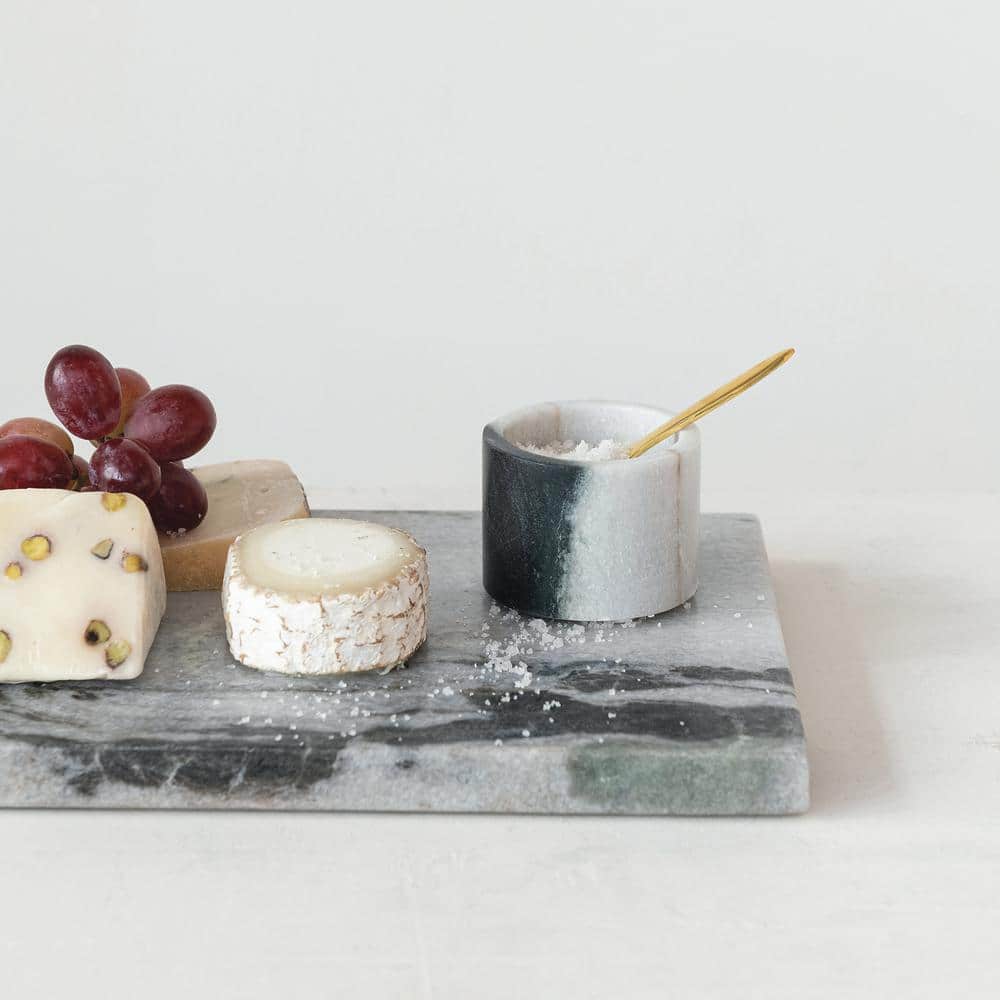 Black and White Marble Salt Cellar with Brass Spoon Set