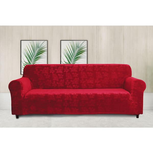 Red Floral Pattern Velvet Stretch Water Resistant Sofa Slipcover