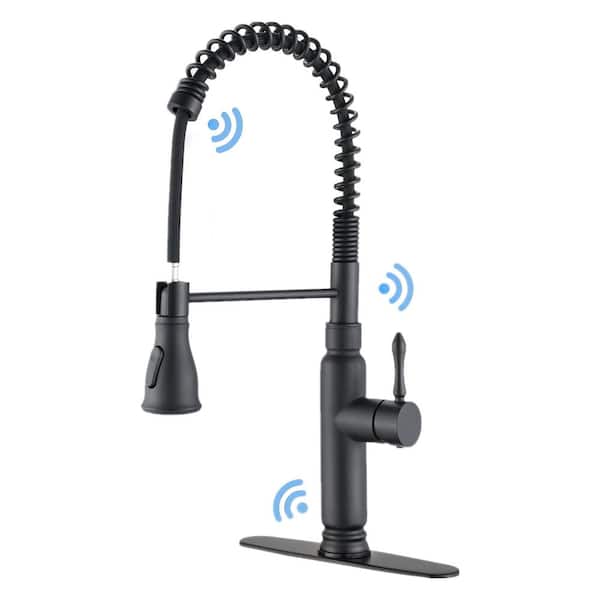 Magic Home Touchless Single Handle Pull Out Sprayer Kitchen Faucet with Deckplate Included in Matte Black