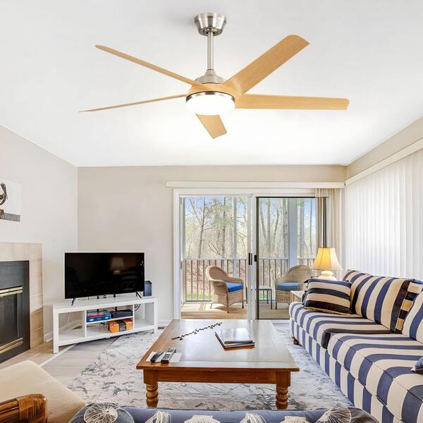 52 in. Smart Nickel Indoor ABS Wood Grain White Blade 3-Size Downrod Mount Ceiling Fan with 3-Color Dimmable Light