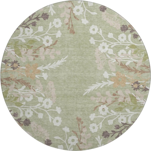 Mayfield Premium Machine Washable Abstract AMF2334 Aloe 8 ft. x 8 ft. Round Rug