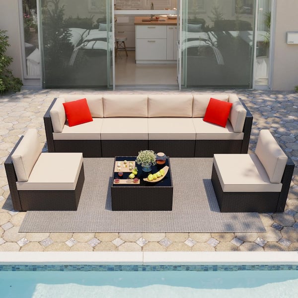 7-Piece Wicker Patio Conversation Set with Cushions and Pillows