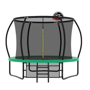 10ft Outdoor Trampoline Sports Fitness Recreational Trampolines with Basketball Hoop, Enclosure Net and Ladder in Green