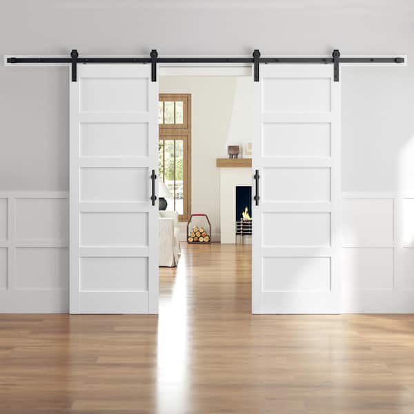 easelife 56 in. x 84 in. (Double 28 in. Doors) 5-Panel Solid MDF White Finished Interior Sliding Barn Door with Hardware Kit