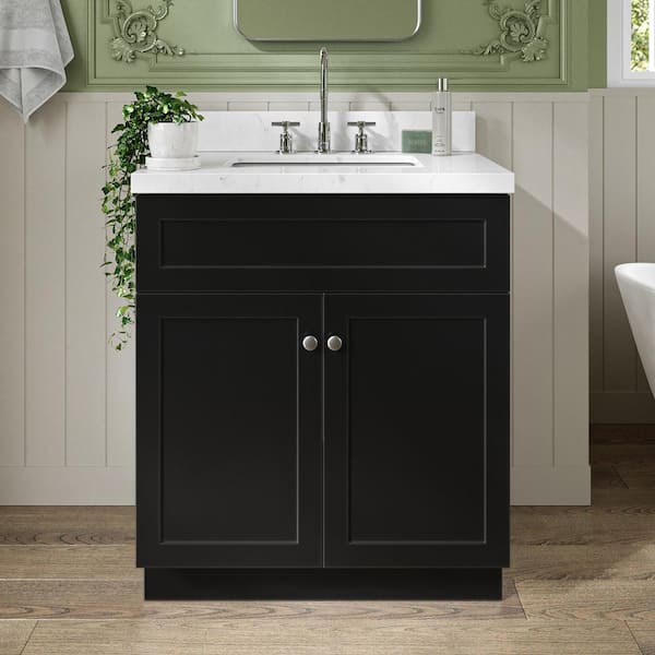 ARIEL Hamlet 30 in. W x 22 in. D x 36 in. H Single Freestanding Bath Vanity in Black with Carrara White Quartz Top