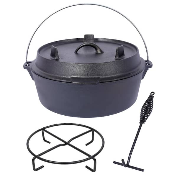 12 qt. Pre-Seasoned Cast Iron Dutch Oven, Round Camping Deep Pot with Lid and Pot Rack for Outdoor Cooking BBQ, Black