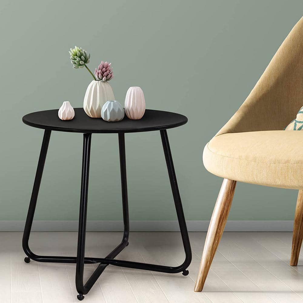 Black Round Metal Outdoor End Table with Adjustable Feet